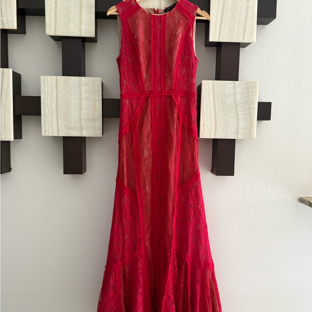 BCBG MaxAzria Elegant Red Lace Evening Gown